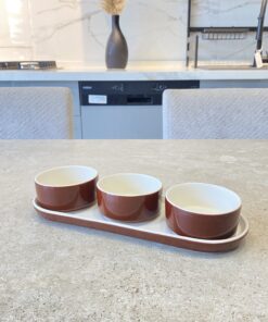 Plateau avec 3 mini bols marron brillant semi-porcelaine Poterie Haoues