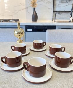 Service café crème marron brillant semi-porcelaine Poterie Haoues
